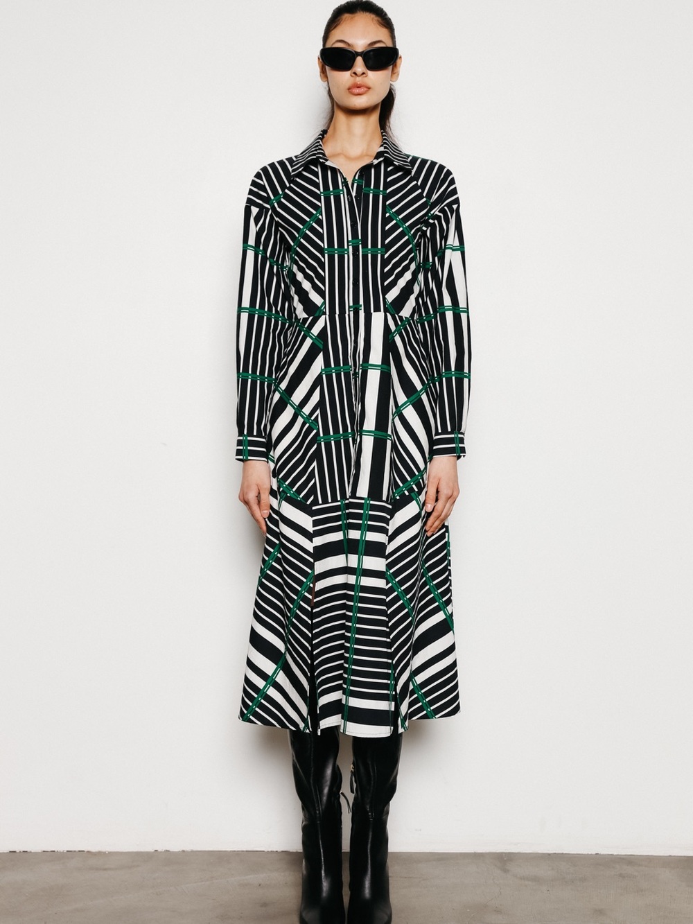 Du Paradis Black and White Striped Midi Shirt Dress with Green Accents